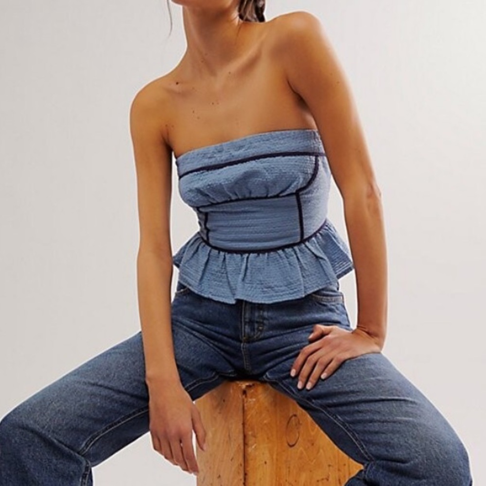 Free People Tara Tube Top Strapless Faded Denim Blue Size Medium New with Tag - Picture 2 of 15